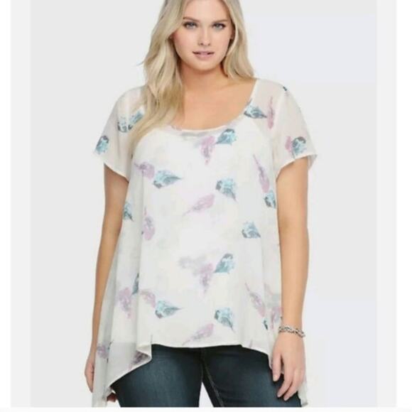 Torrid sheer short sleeve bird print shark bite hemline blouse woman's size 1X - Picture 2 of 11